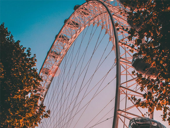 Photo of the London Eye at sunset with some trees either side